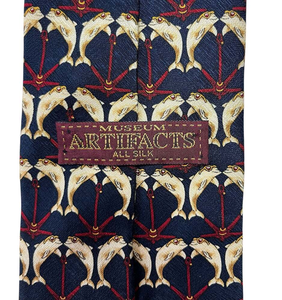 Museum Artifacts Men's Tie Navy Blue with Gold Dolphins Silk